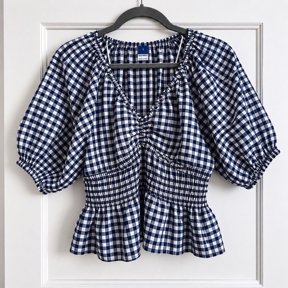 Old Navy Gingham Peplum Top Womens Small Navy White Puff Sleeve Smocked NWOT